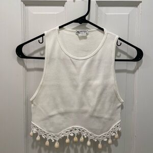 Zara White Sleeveless Crop Top with Shell Tassel Detail